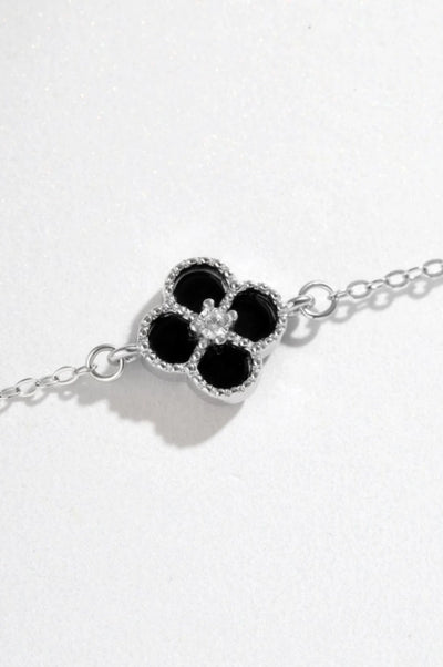 Alcea Bracelet - Black Flower Charm - 925 Sterling Silver - Silver Chain - Elegant Jewelry - Everyday Wear - Handcrafted Bracelet - Nature Inspired - Emotional Connection - Mysterious Beauty - Timeless Elegance - Matching Jewelry Available - Unique Design - Versatile Accessory - Premium Quality - Symbolic Jewelry - Gift Idea - Resilient Craftsmanship - Durable and Waterproof - Delicate Detailing- La Lueure